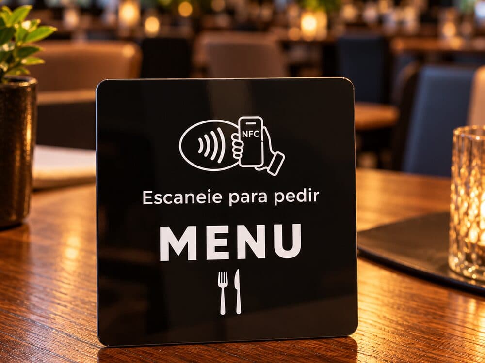 Display de acrílico preto sobre a mesa de madeira de um restaurante, com o símbolo de NFC, a frase “Escaneie para pedir” e a palavra MENU